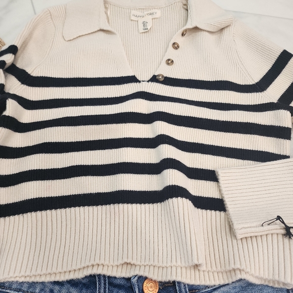 [ HAPPILY GREY] New w/ tags! CUTEST  cream/ navy striped COLLARED v-necK SWEATER - Picture 12 of 16